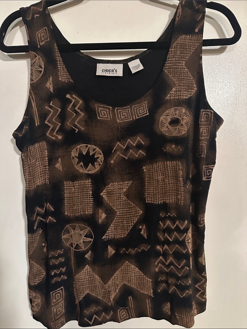 Chico's Black Tank with Tan Geometric Print